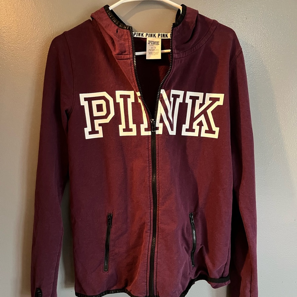 PINK Victoria's Secret Maroon Full-Zip Hoodie with White Logo